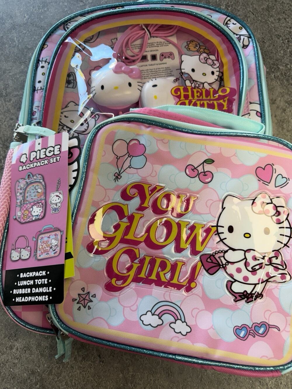 Sanrio Hello Kitty Pink Backpack Lunch Box Bag Headphones Keychain 4 Pc Set New